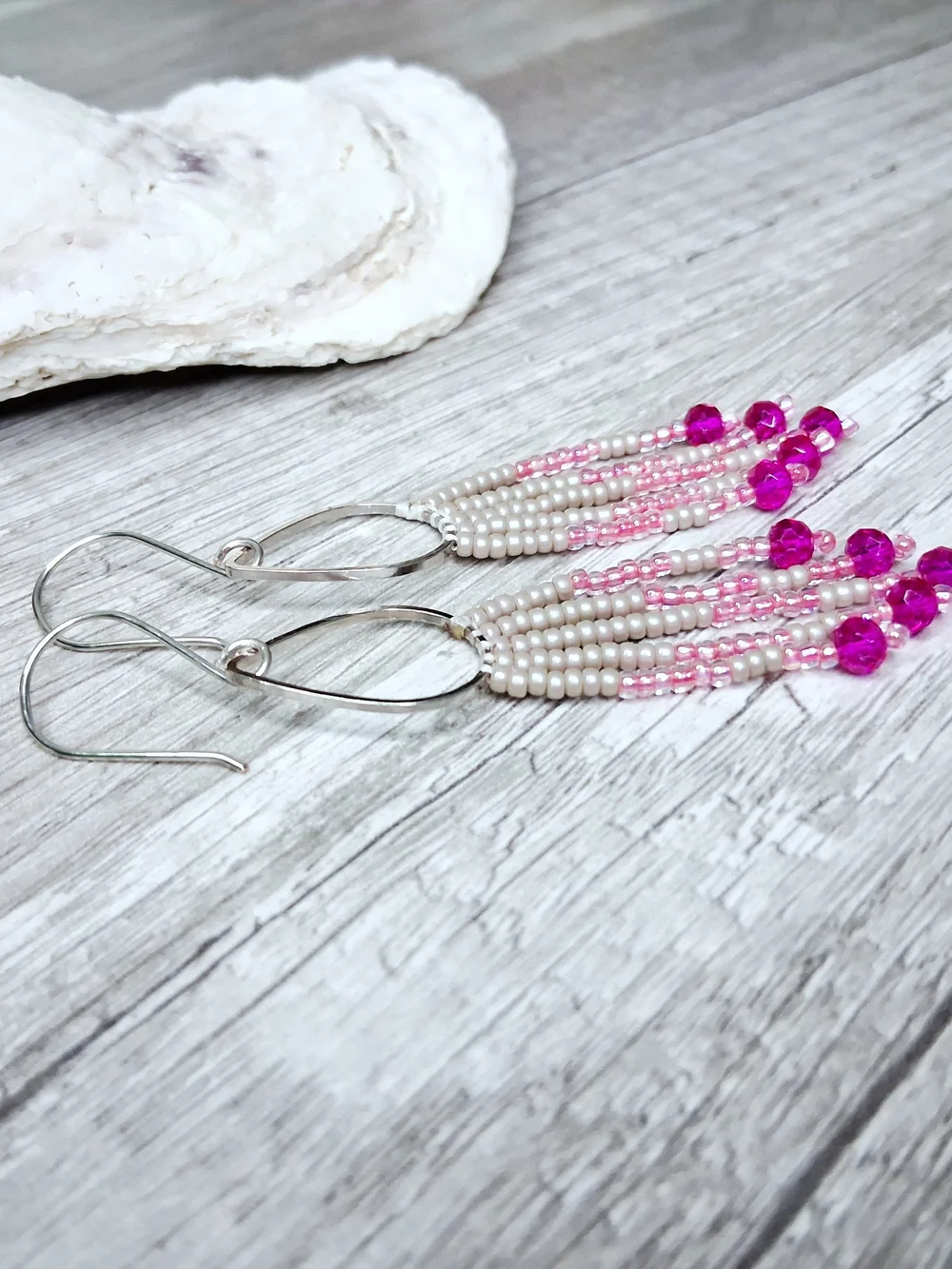 Pink and Gray Beaded Teardrop Dangle Earrings